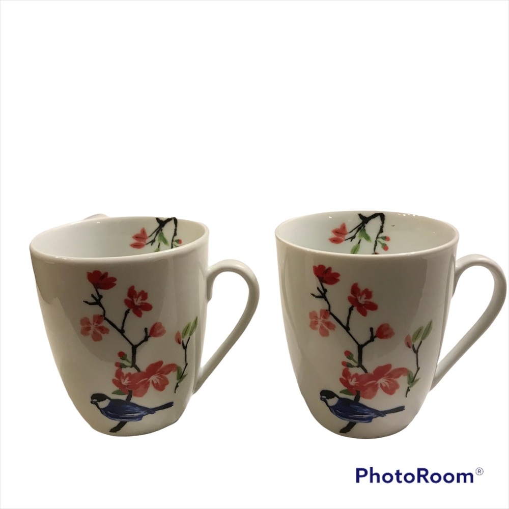 Set Of 2 Fisher Stoneware Mugs With Bluebird And Red Flowers